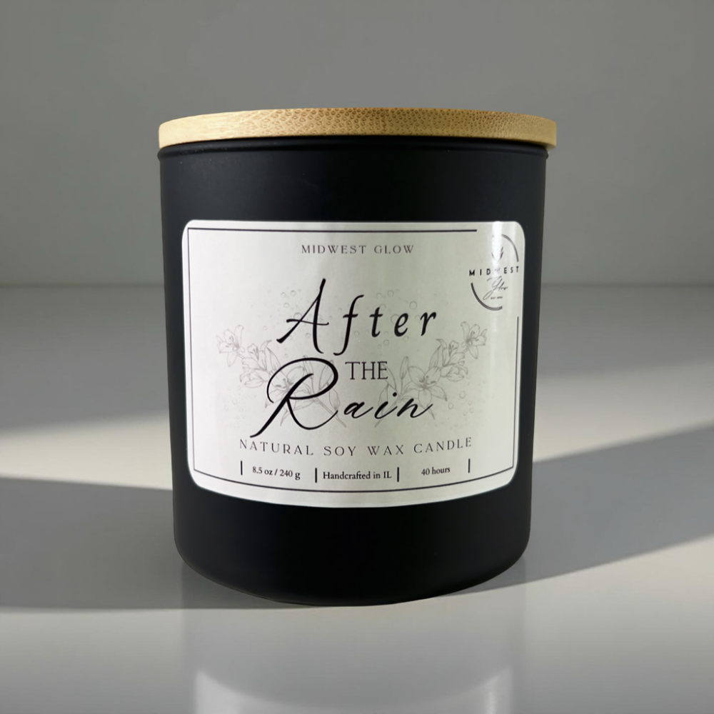 After The Rain Natural Soy Candle by Midwest Glow displayed against a minimalist background showcasing the product
