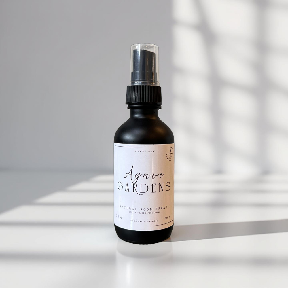 Agave Gardens Room Spray by Midwest Glow sits against a white backdrop with subtle shadows showcasing the product