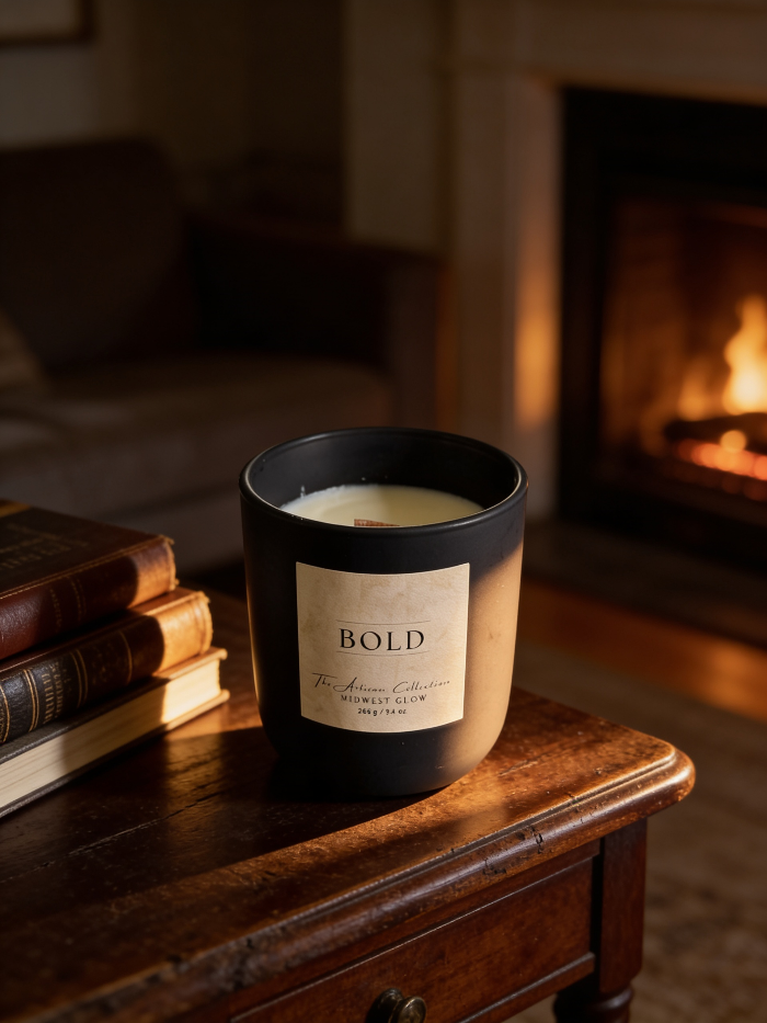 Candle labeled 'Bold' on a wooden surface with a fireplace in the background