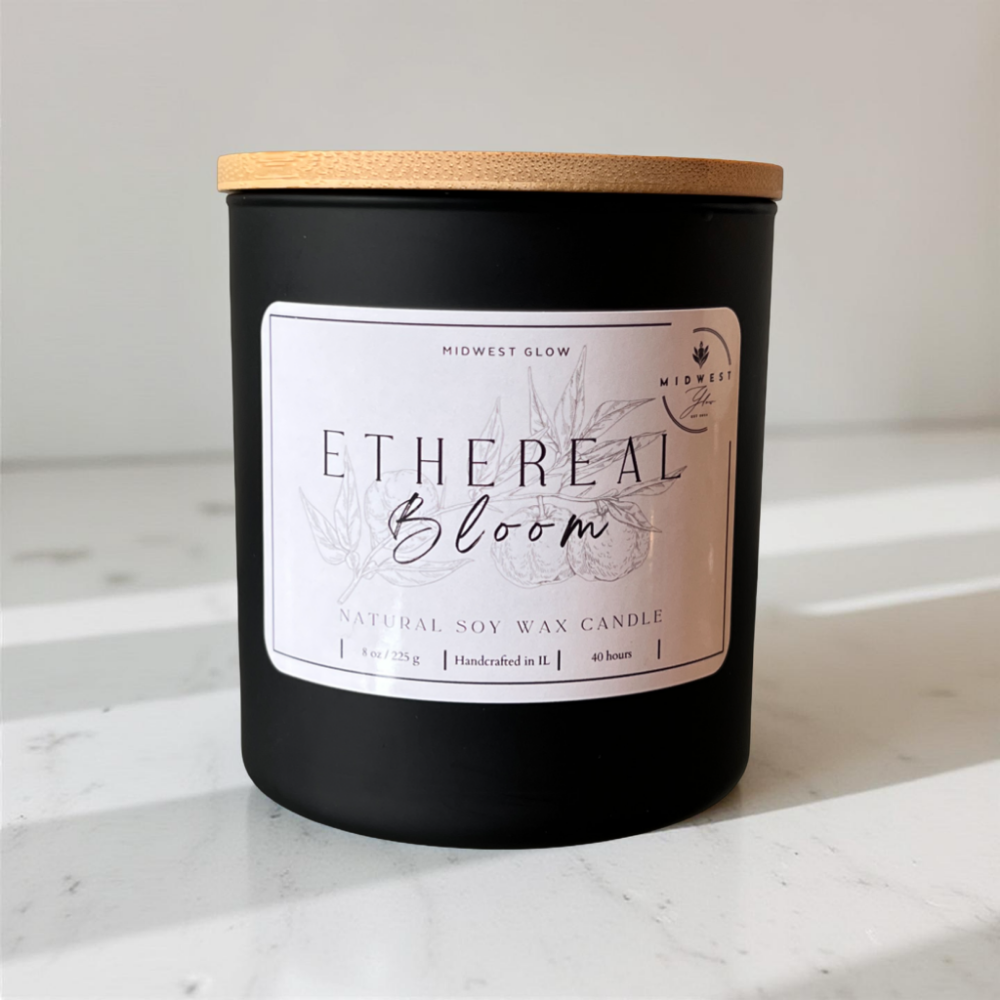 Ethereal Bloom Soy Candle, by Midwest Glow displayed against a high contrast white background showcasing the product
