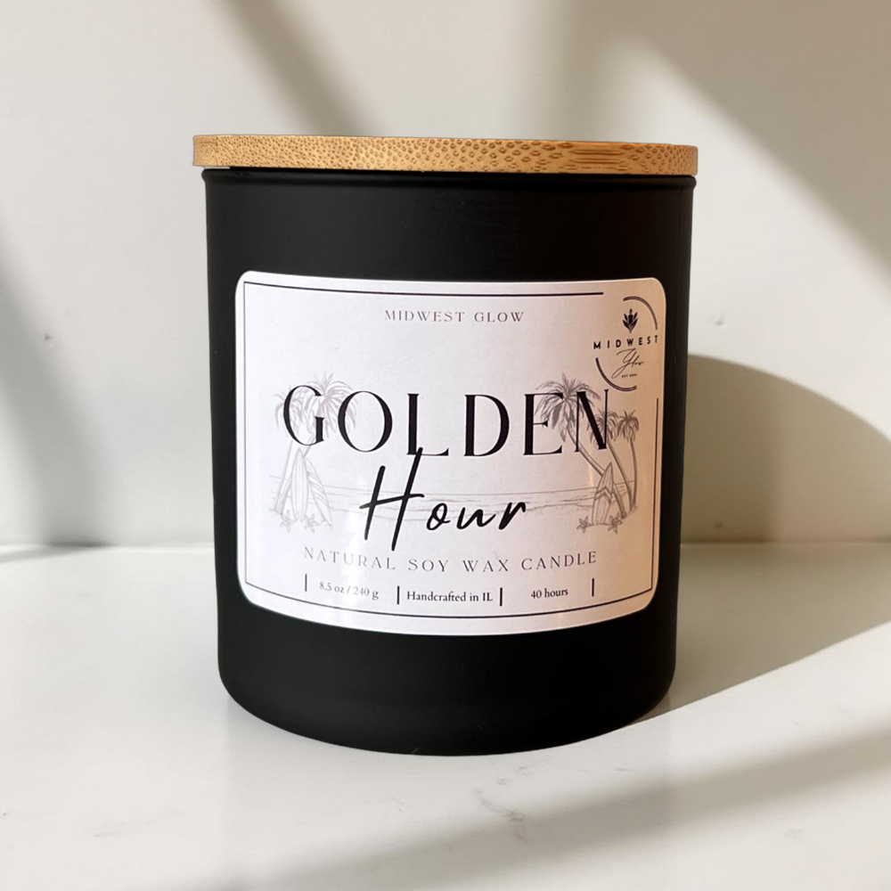 Golden hour natural soy candle by Midwest Glow, displayed against a white backdrop with studio lighting showcasing the product