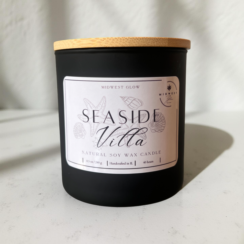Seaside Villa natural soy candle by Midwest Glow displayed in a product highlight against a white backdrop
