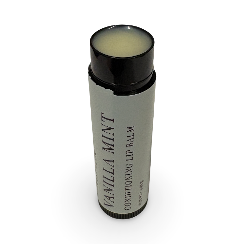 A single tube of lip balm on a plain white background. The tube is light gray with black text reading 'VANILLA MINT CONDITIONING LIP BALM' and has a black cap with pale yellow balm visible at the top.