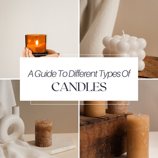 Collage of candles showcasing a few of the various different types of candleds in a beige aesthetic.