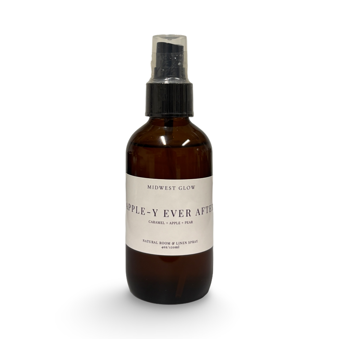 Brown spray bottle with a label on a white background