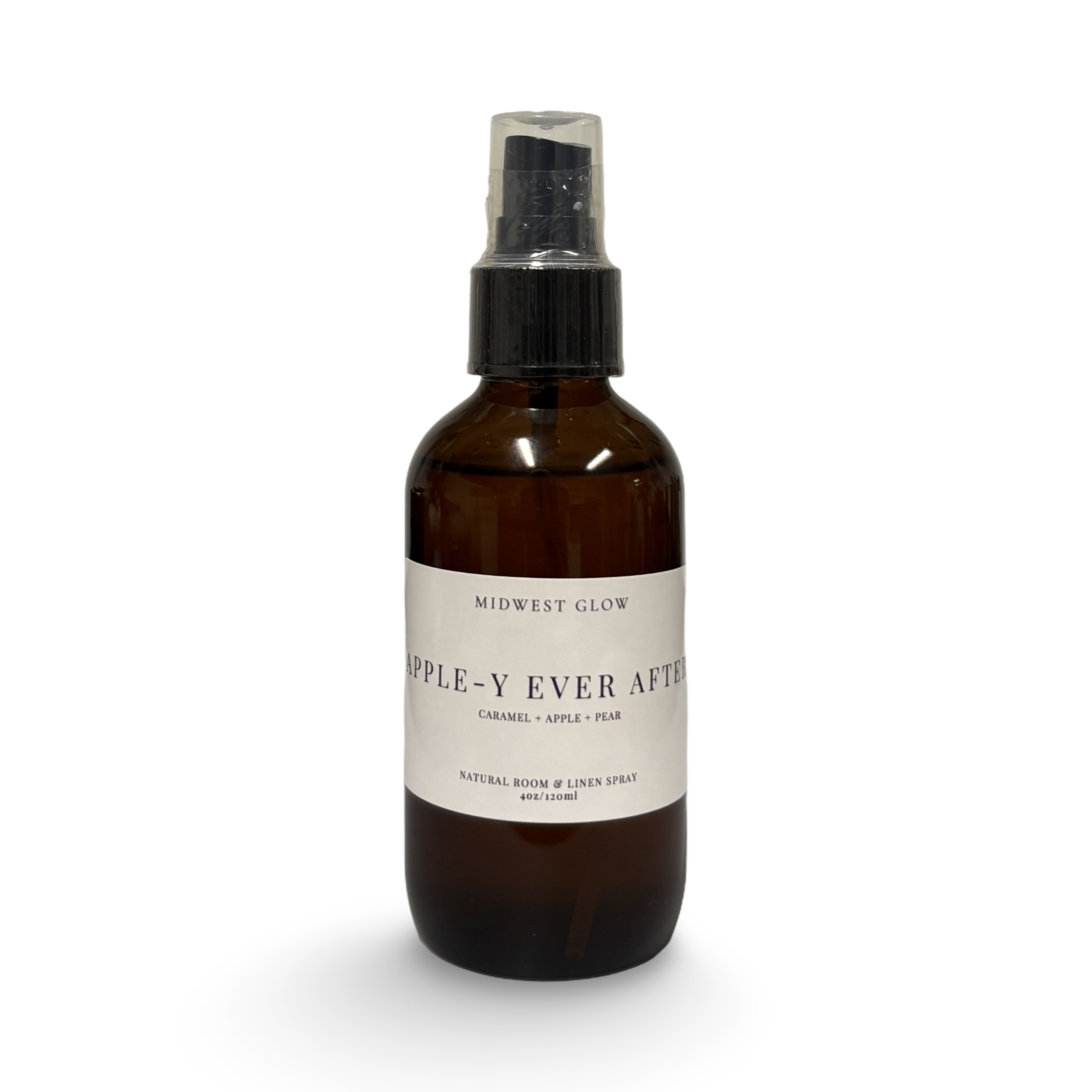 Brown spray bottle with a label on a white background