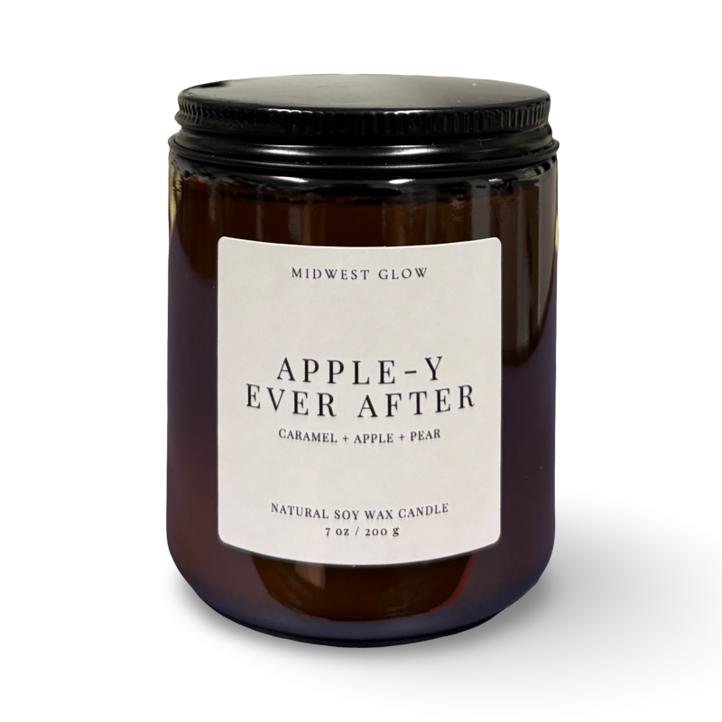 Candle jar labeled 'Apple-y Ever After' by Midwest Glow on a white background