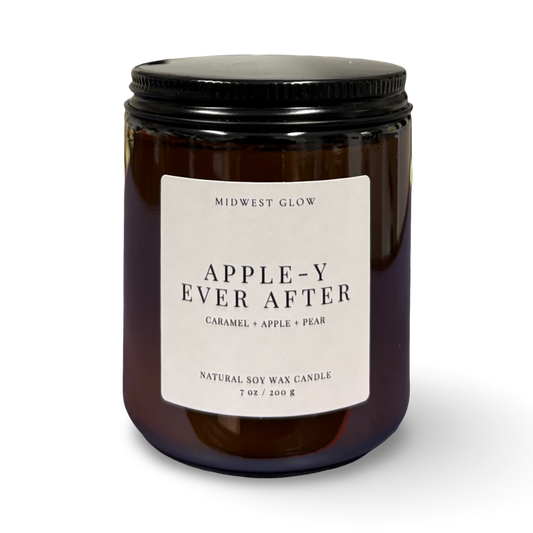 Candle jar labeled 'Apple-y Ever After' by Midwest Glow on a white background