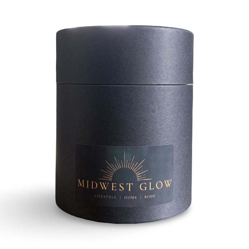 Black cylindrical container with 'Midwest Glow' branding on a white background