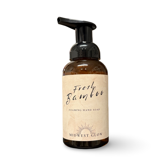 Foaming hand soap bottle labeled 'Freshly Bamboo' by 'Midwest Glow' on a white background
