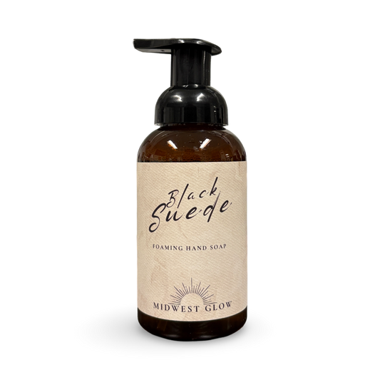 Foaming hand soap bottle labeled 'Black Suede' by 'Midwest Glow' on a white background