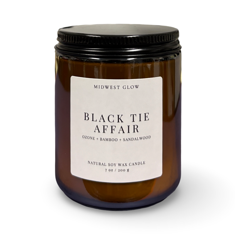 Candle jar labeled 'Black Tie Affair' by Midwest Glow on a white background