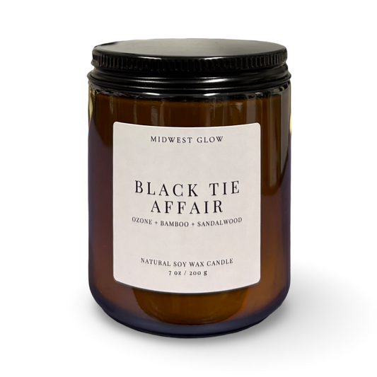 Candle jar labeled 'Black Tie Affair' by Midwest Glow on a white background