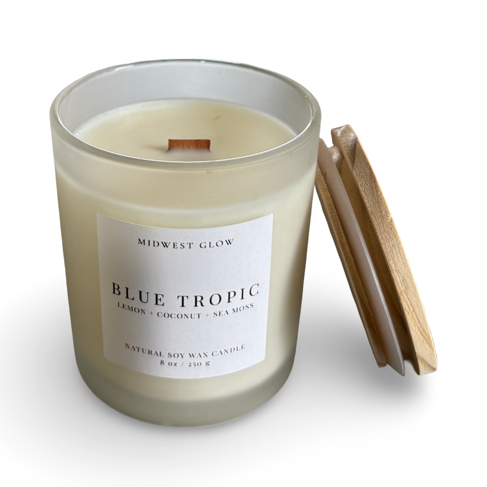 Candle with a label on a white background