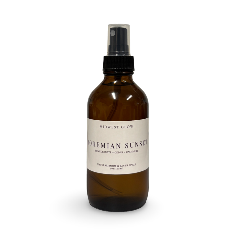 Brown spray bottle labeled 'Bohemian Sunset' on a white background