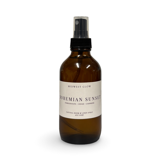 Brown spray bottle labeled 'Bohemian Sunset' on a white background