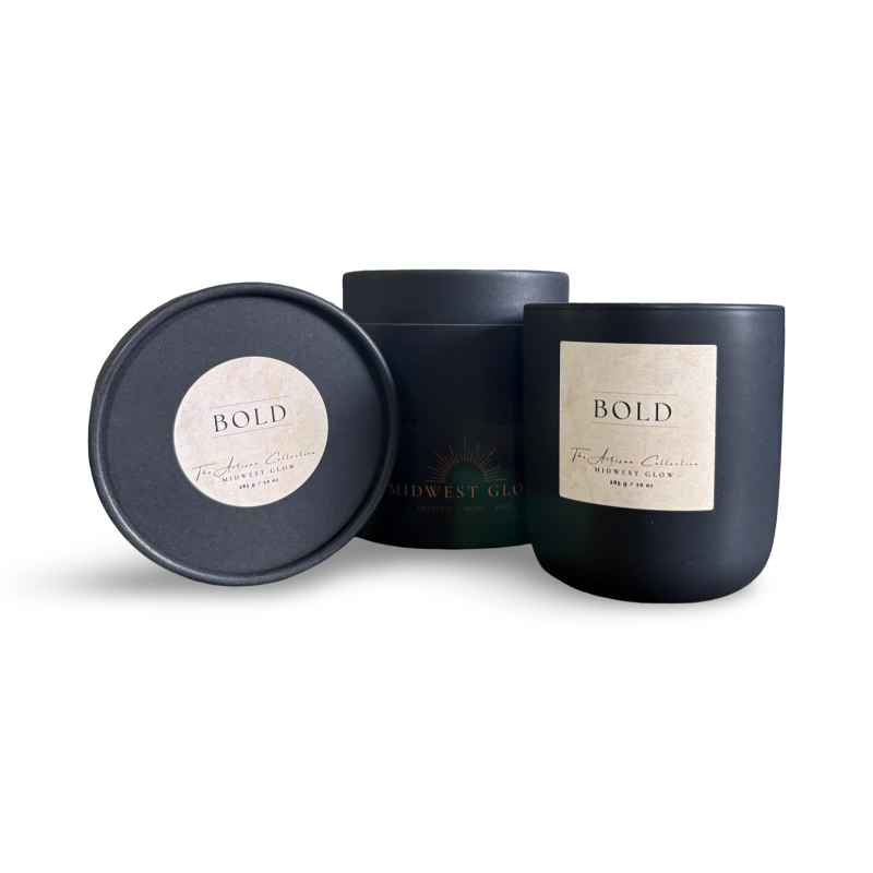 Black candles with 'BOLD' labels on a white background