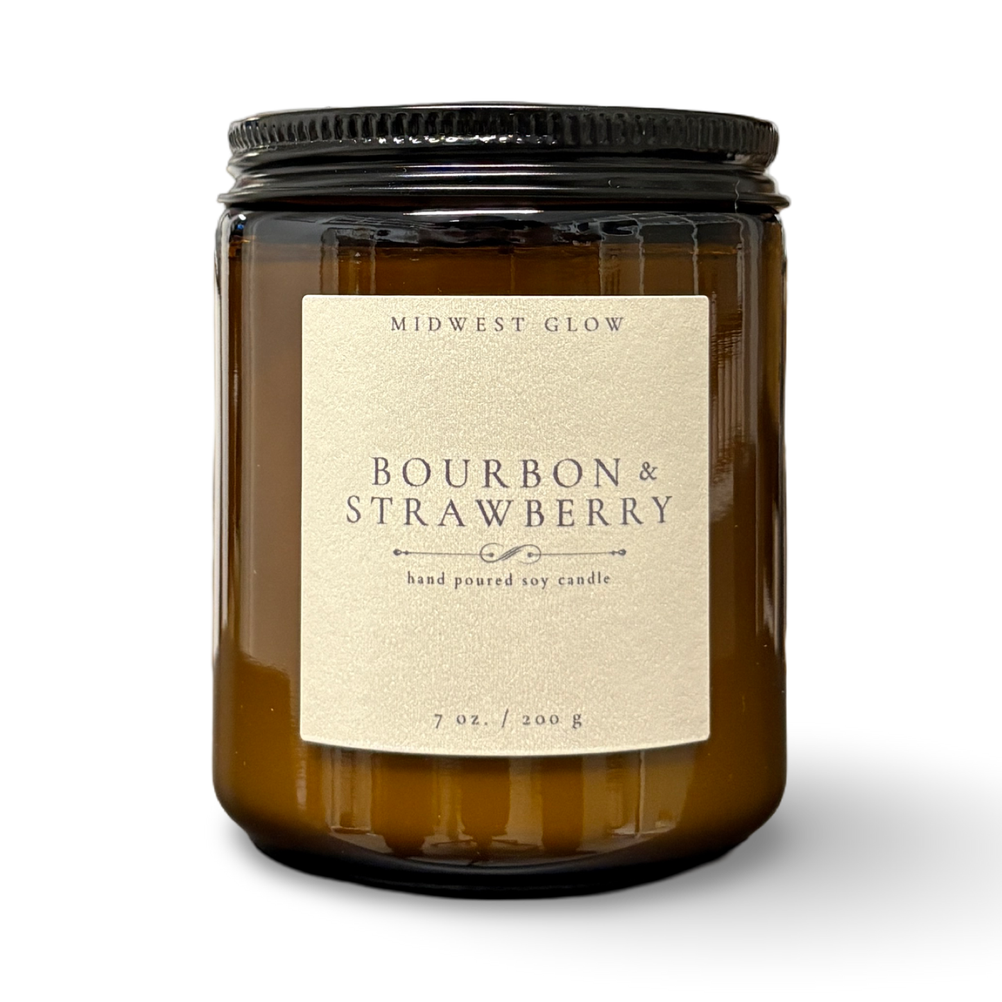 Candle jar labeled 'Bourbon & Strawberry' by 'Midwest Glow' on a white background