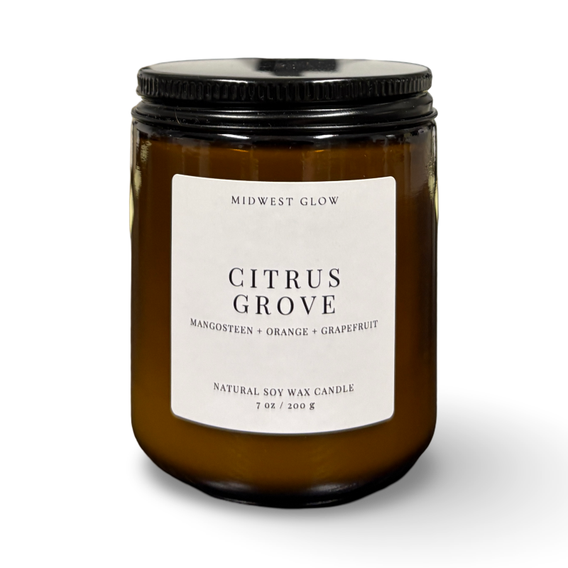 Candle jar labeled 'Citrus Grove' by Midwest Glow on a white background