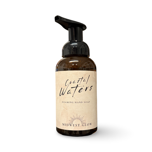 Foaming hand soap bottle labeled 'Coastal Waters' by 'Midwest Glow' on a white background
