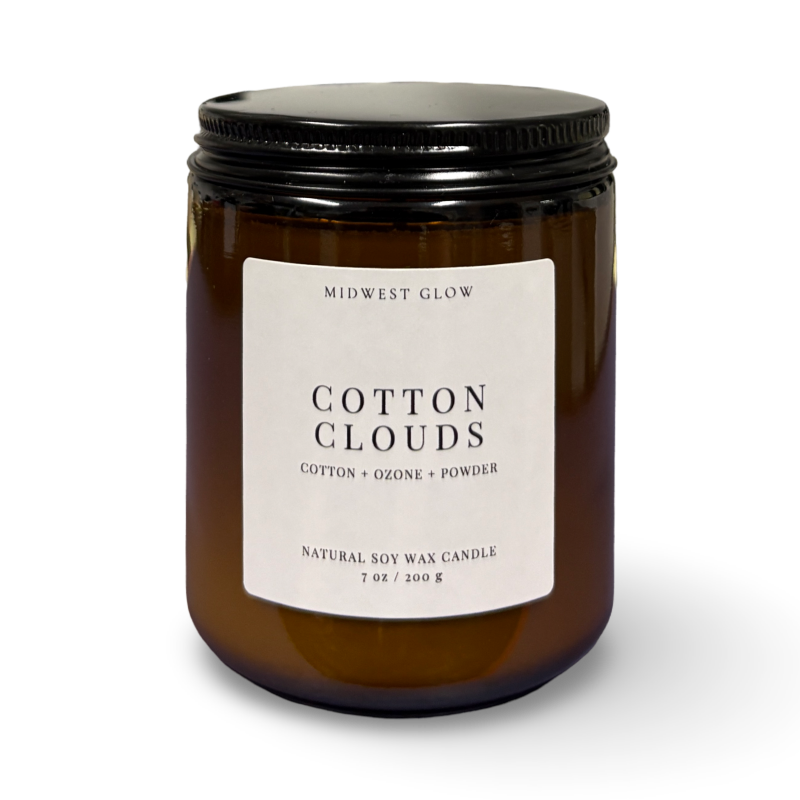 Candle jar labeled 'Cotton Clouds' by Midwest Glow on a white background