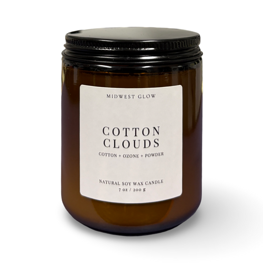 Candle jar labeled 'Cotton Clouds' by Midwest Glow on a white background