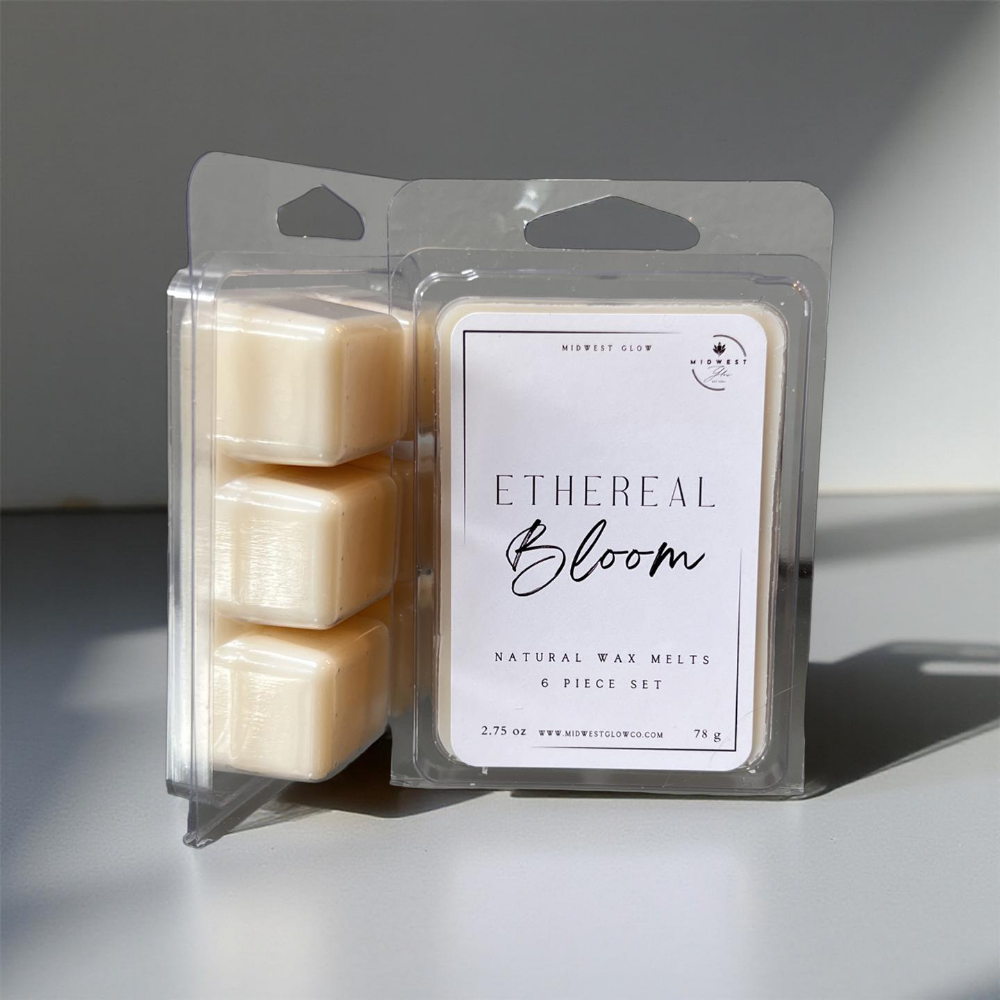 Ethereal Bloom wax melts by Midwest Glow displayed against a white wall backdrop highlighting the product
