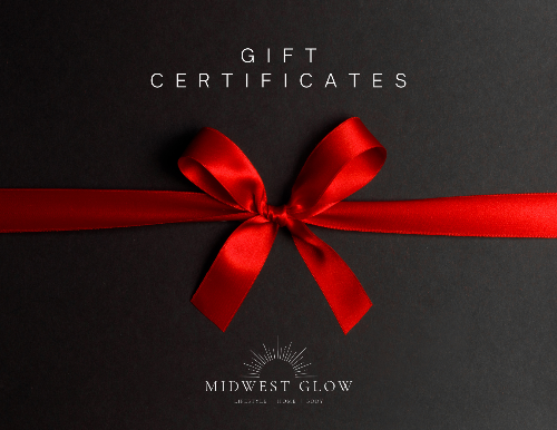 Gift certificate with a red ribbon on a black background, featuring the brand 'Midwest Glow'.