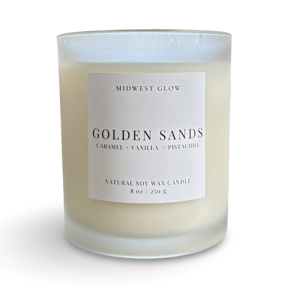 Candle with 'Golden Sands' label by Midwest Glow on a white background