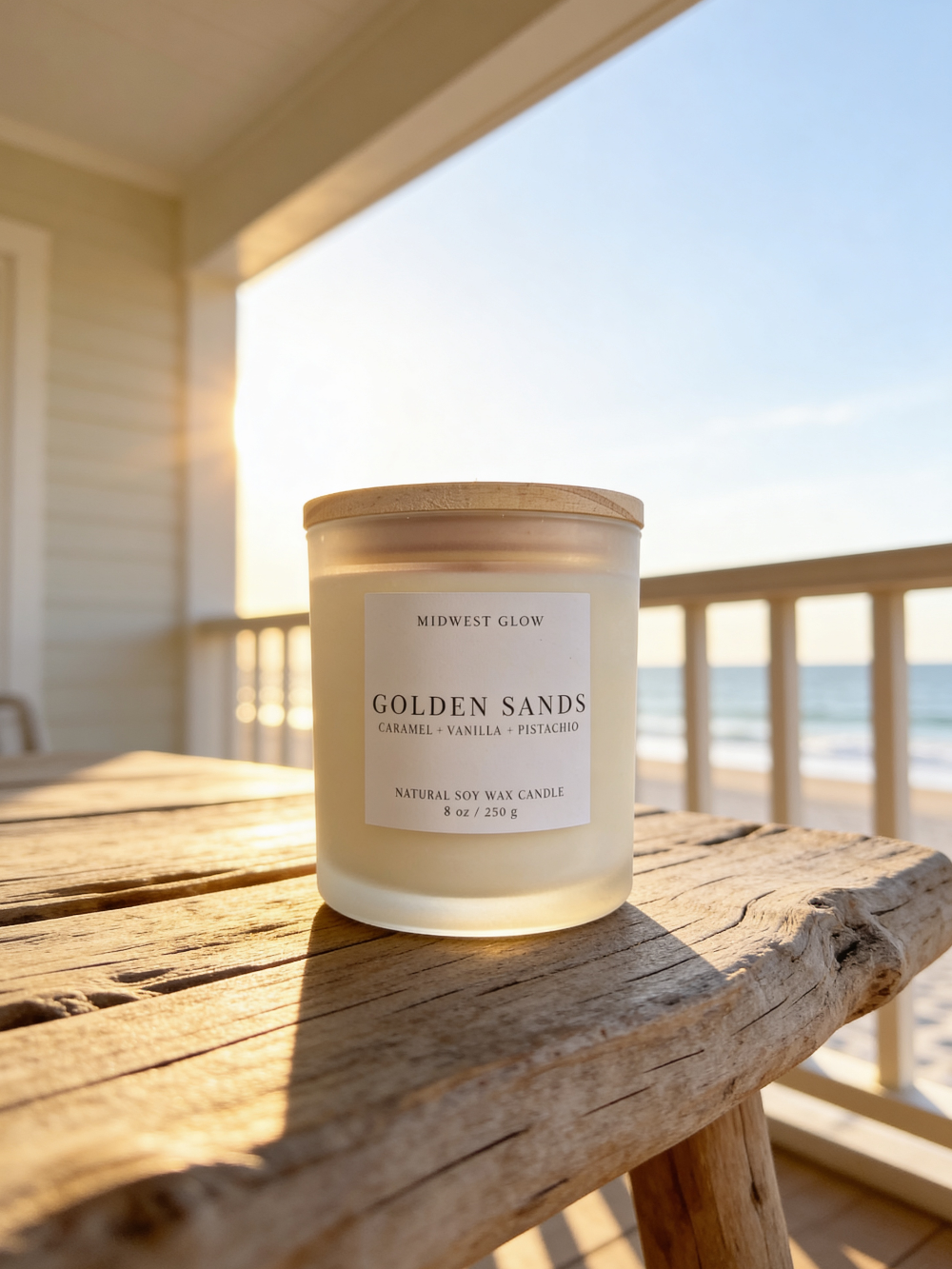 Candle labeled 'Golden Sands' on a wooden table with a beach view