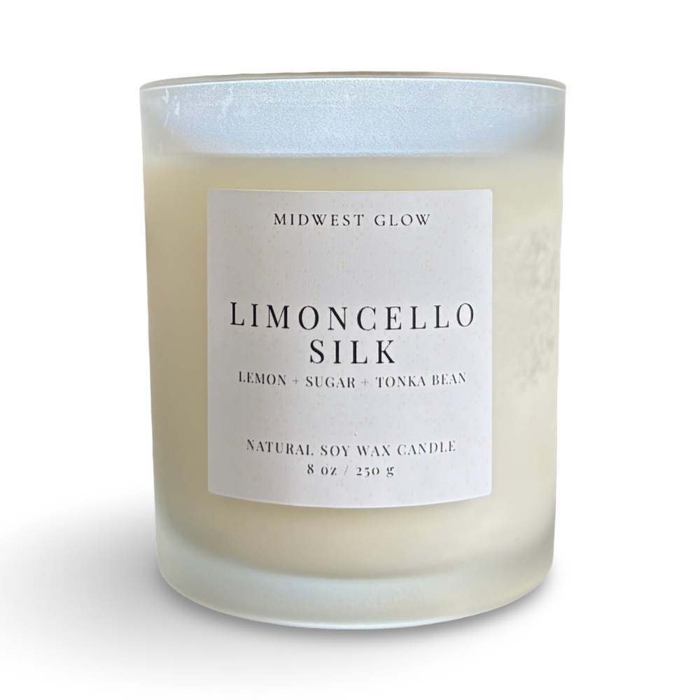 Candle with 'Limoncello Silk' label on a white background