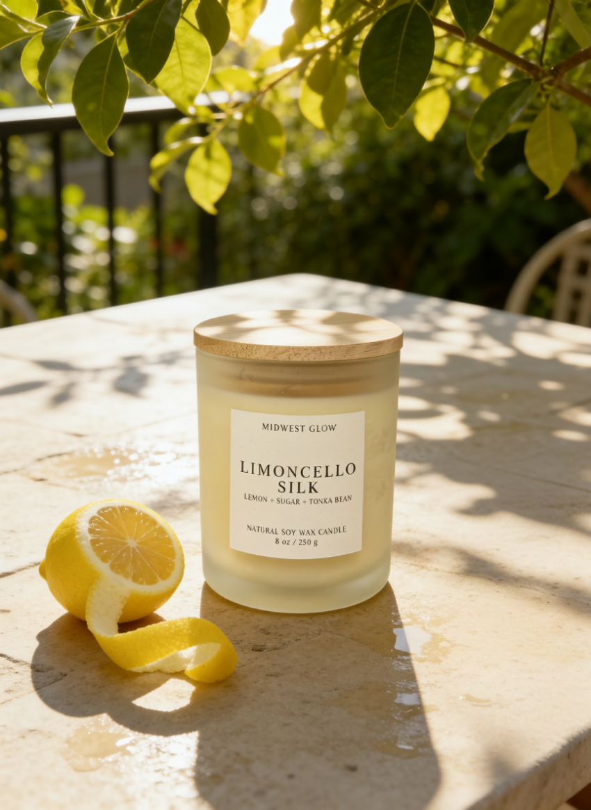 Candle labeled 'Limoncello Silk' on a table with a lemon and tree leaves in the background
