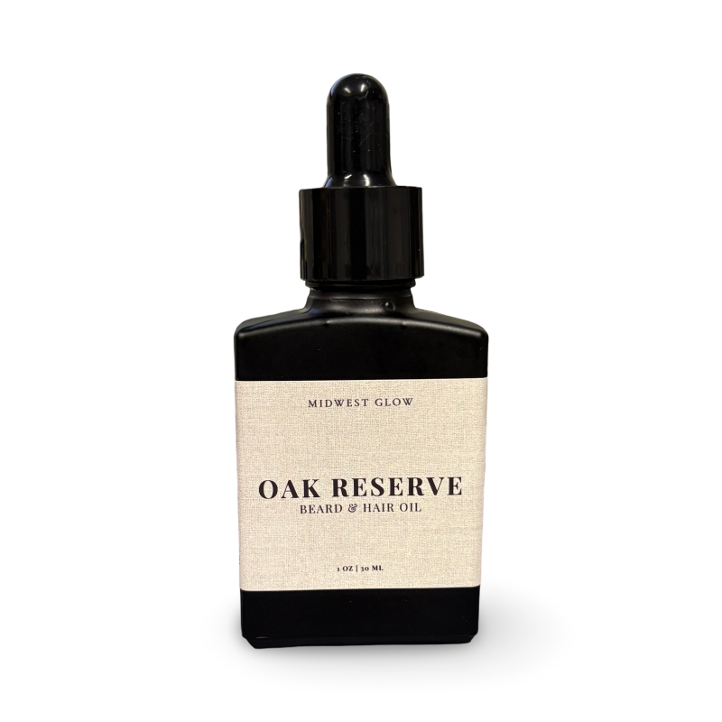 Bottle of Oak Reserve beard and hair oil with a dropper on a white background