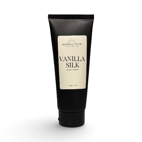 Black tube of Vanilla Silk body crème by Midwest Glow on a white background