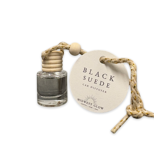 Car diffuser with 'Black Suede' label on a white background