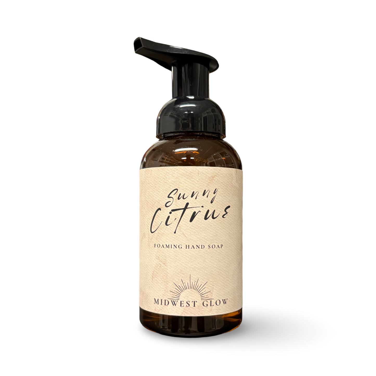 Foaming hand soap bottle labeled 'Sunny Citrus' by 'Midwest Glow' on a white background