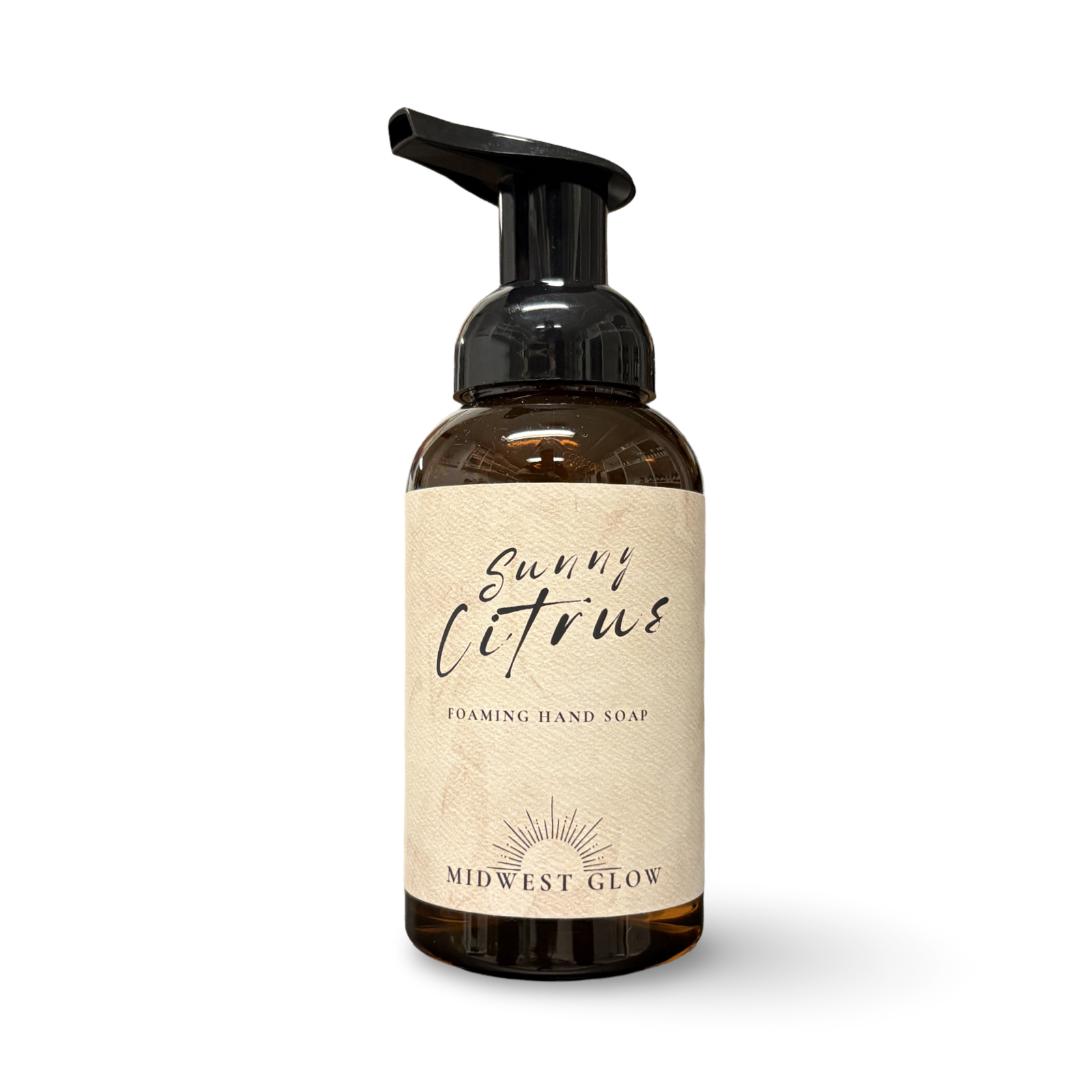 Foaming hand soap bottle labeled 'Sunny Citrus' by 'Midwest Glow' on a white background