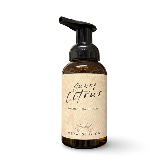 Foaming hand soap bottle labeled 'Sunny Citrus' by 'Midwest Glow' on a white background