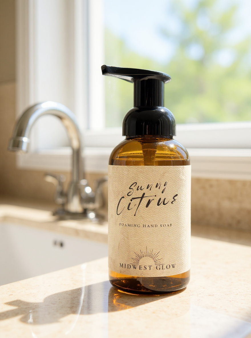 Sunny Citrus foaming hand soap bottle on a kitchen counter with a window in the background.