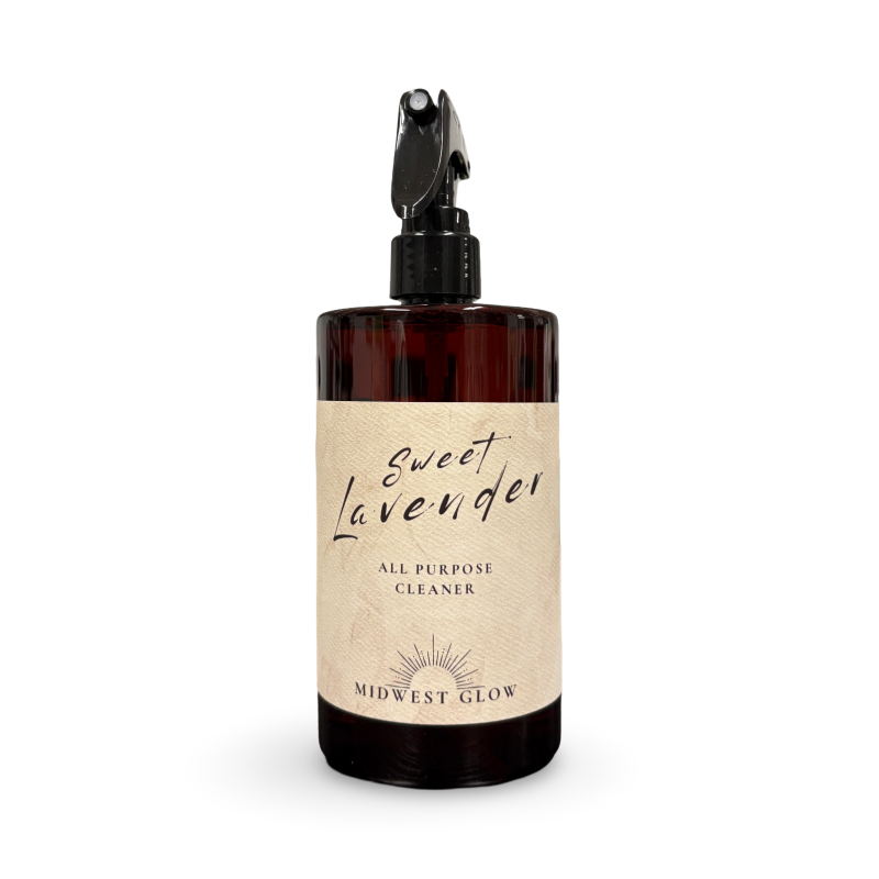 Brown spray bottle labeled 'Sweet Lavender All Purpose Cleaner' by 'Midwest Glow' on a white background