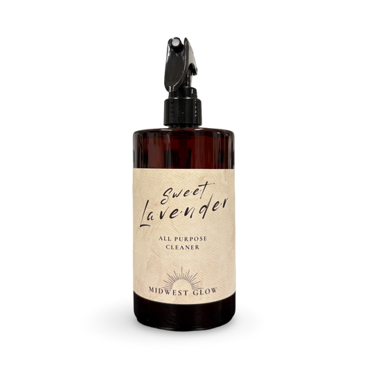 Brown spray bottle labeled 'Sweet Lavender All Purpose Cleaner' by 'Midwest Glow' on a white background