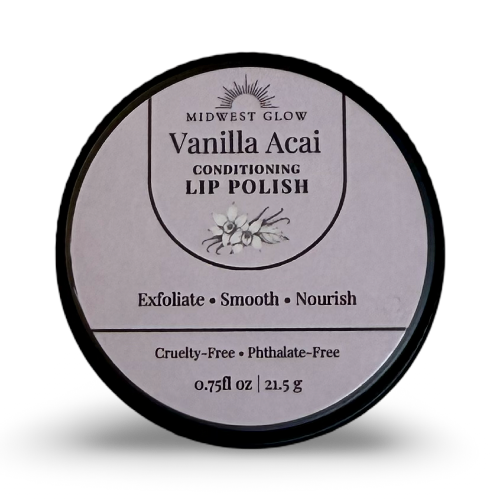 Midwest Glow Vanilla Acai Conditioning Lip Polish in a round black plastic container with a light lavender label, shown on a white background with a soft shadow.