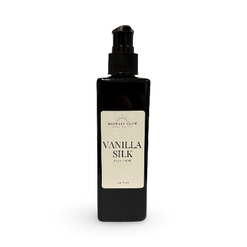 Black bottle of Vanilla Silk body crème with a beige label on a white background