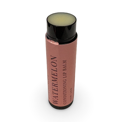 A single tube of Watermelon Conditioning Lip Balm with a dusty rose label and a black cap, shown on a plain white background.